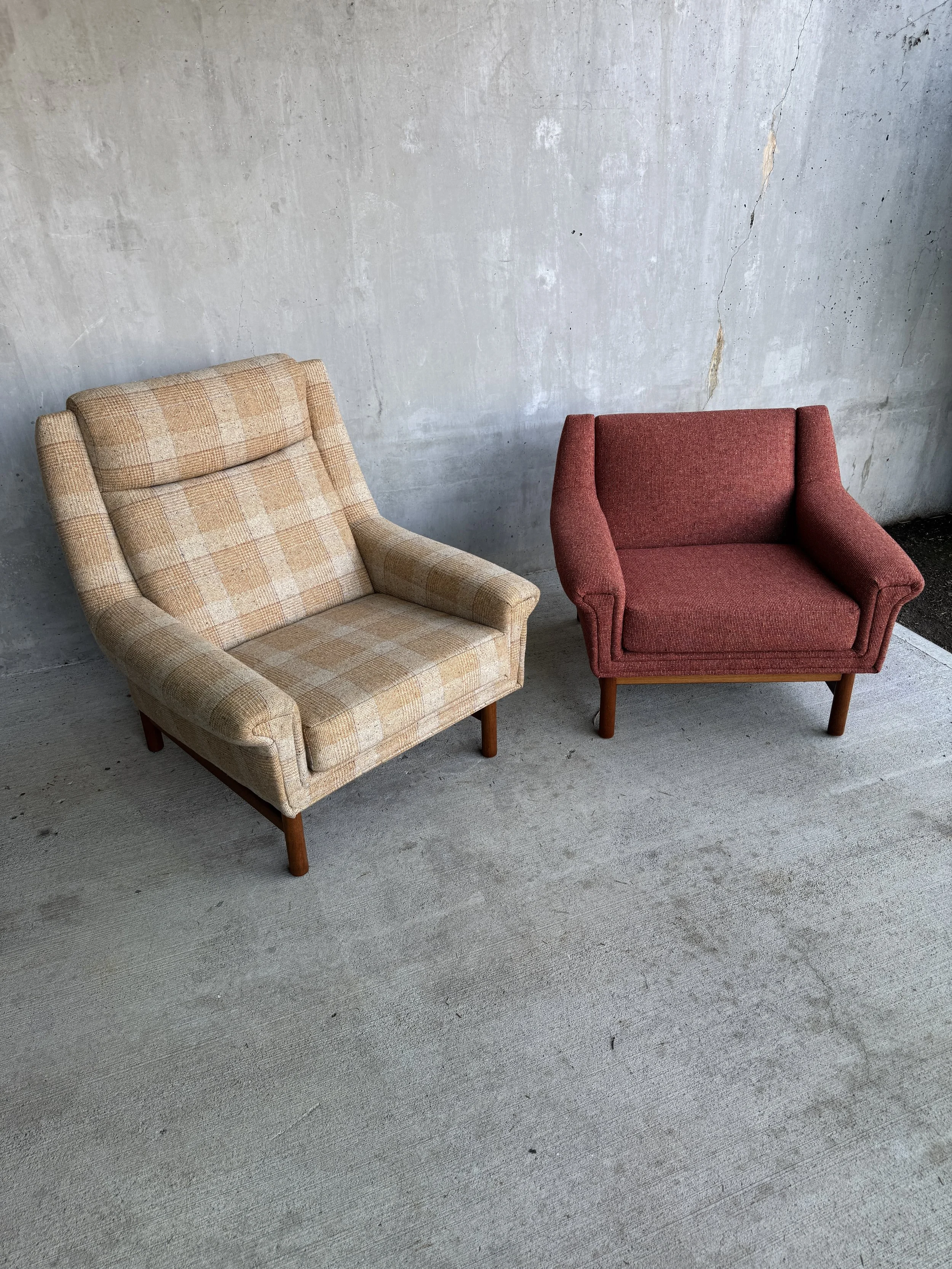 Two restored Danish modern lounge chairs, one upholstered in gold-and-cream checked Luum wool and the other in rust-colored Wool Fleck.