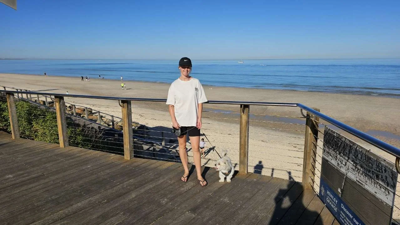 With my dog, Cookie at the beach in Adelaide