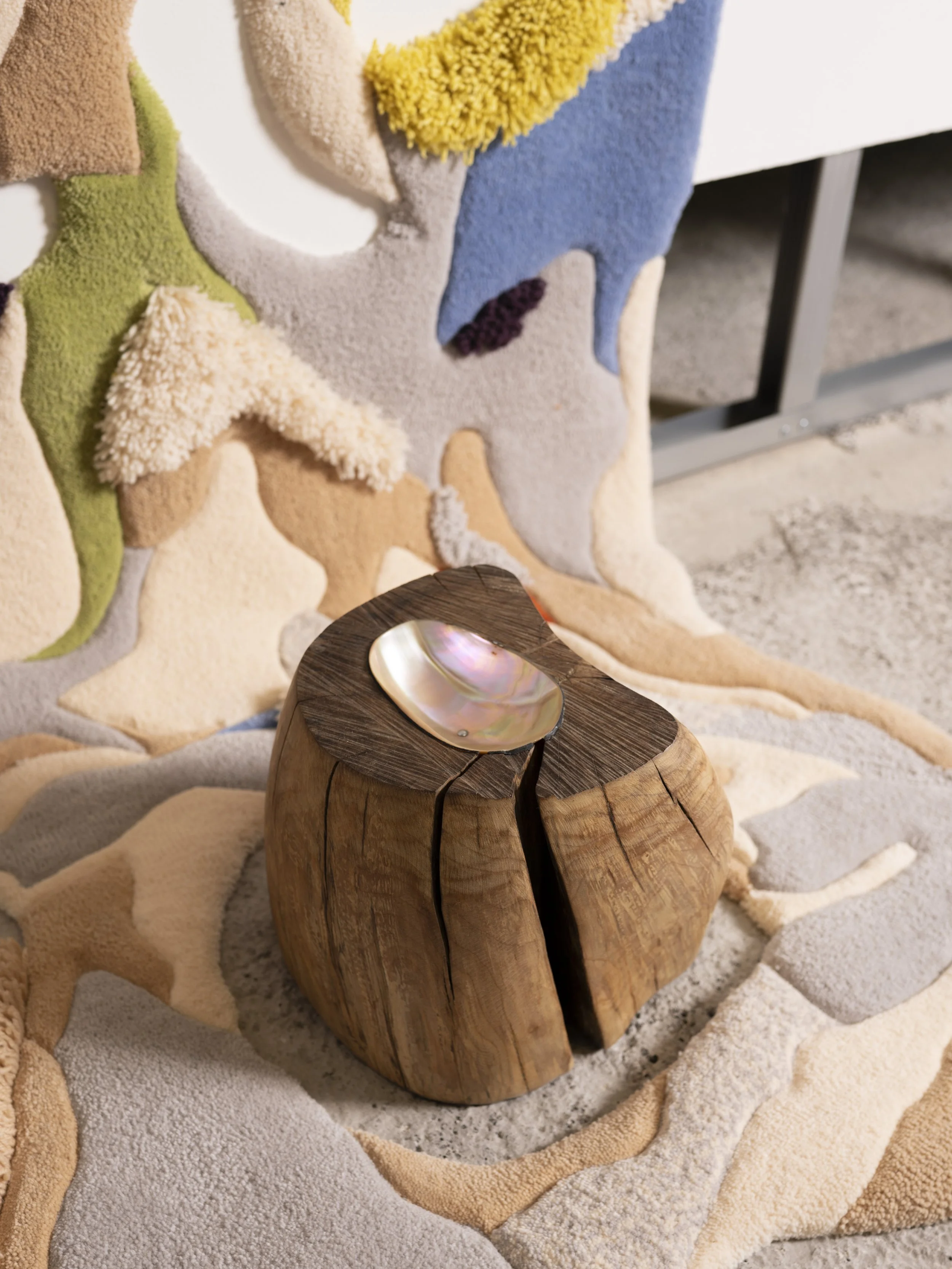 Close-up of a textured, multicolored tufted rug with an abstract pattern, featuring earthy tones and irregular shapes. A wooden log serves as a decorative piece with an iridescent shell atop it.