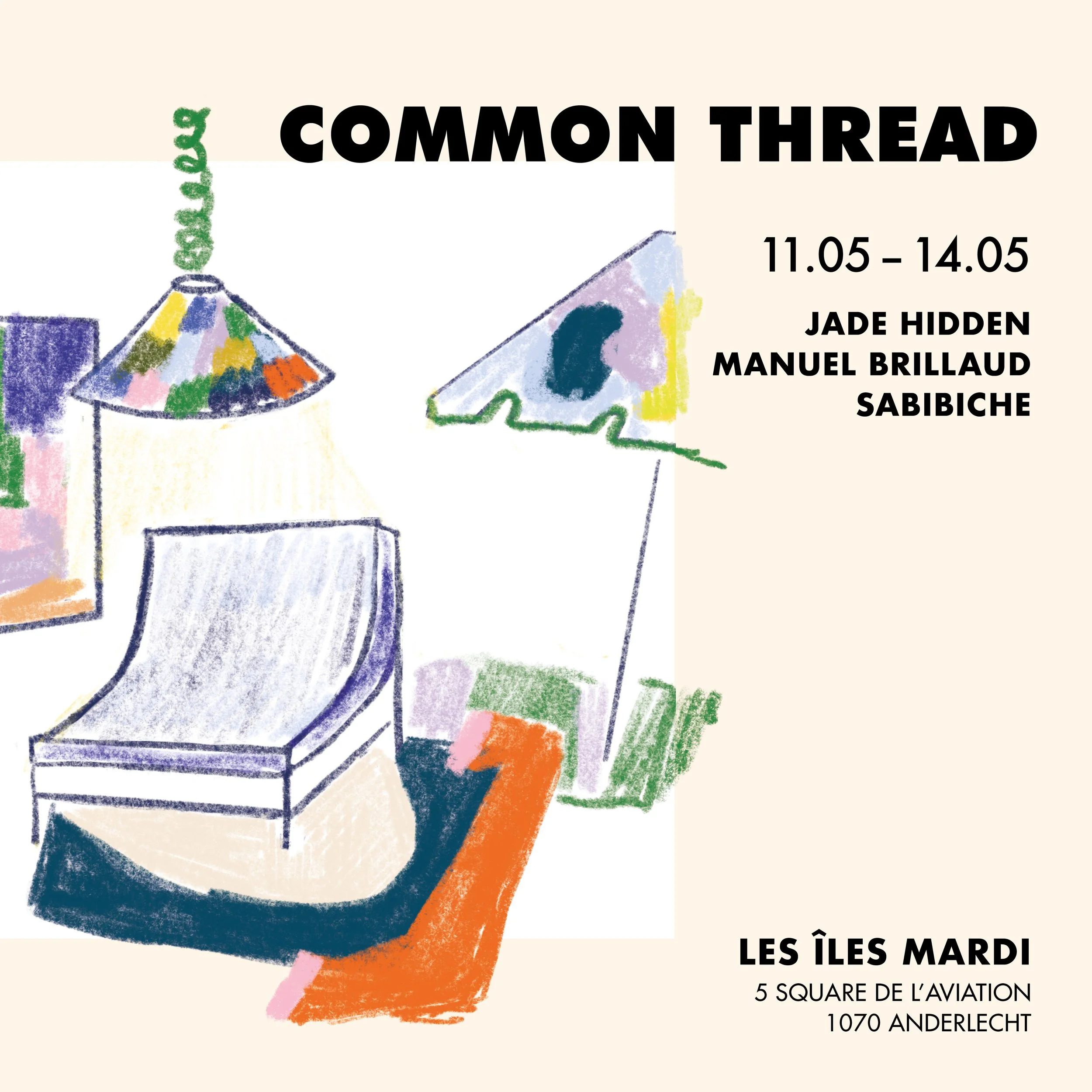 Invitation to an exhibition with colorful hand-drawn images of umbrellas and abstract shapes, promoting a family event at Les Îles Mardi in Anderlecht.