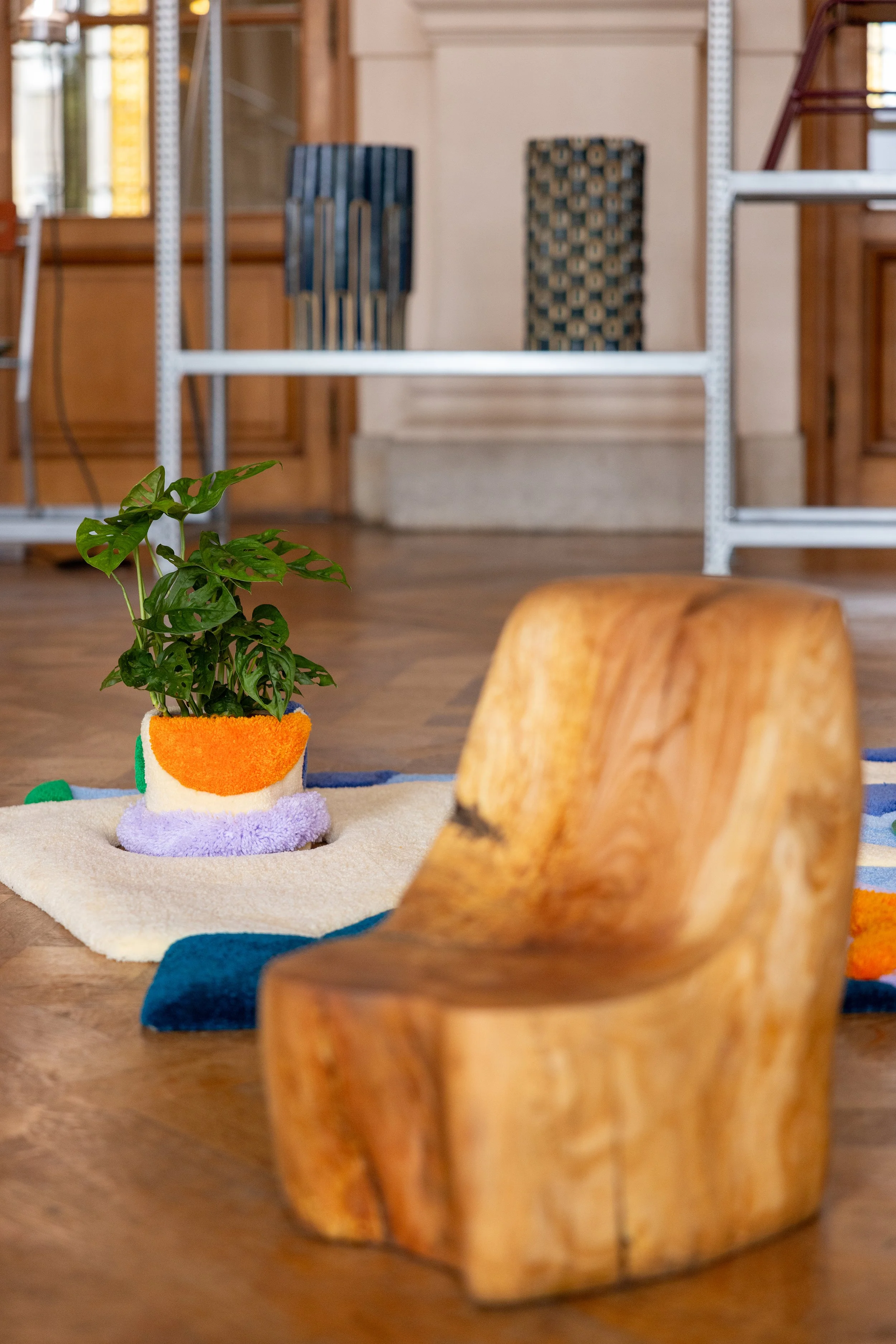 A small tufted potted plant with green leaves sits on a beige tufted rug with colorful circles, in a room with wooden flooring and furniture, and blurrily visible wooden chairs and shelves in the background.