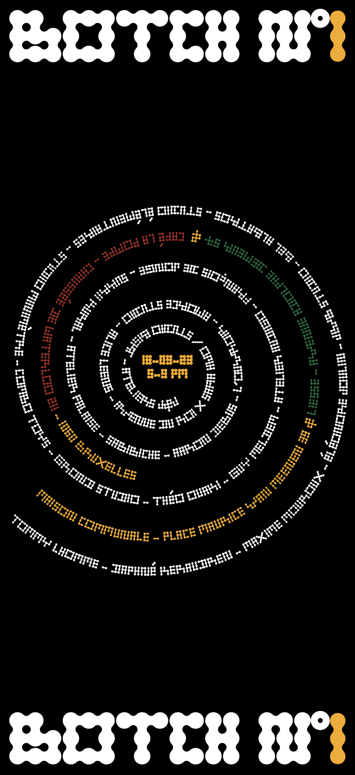 Colorful spiral text design advertising a showcase event on September 23, 2023, at 5:45 PM, with details about a film, workshop, studio, and community activities. Botch N.2