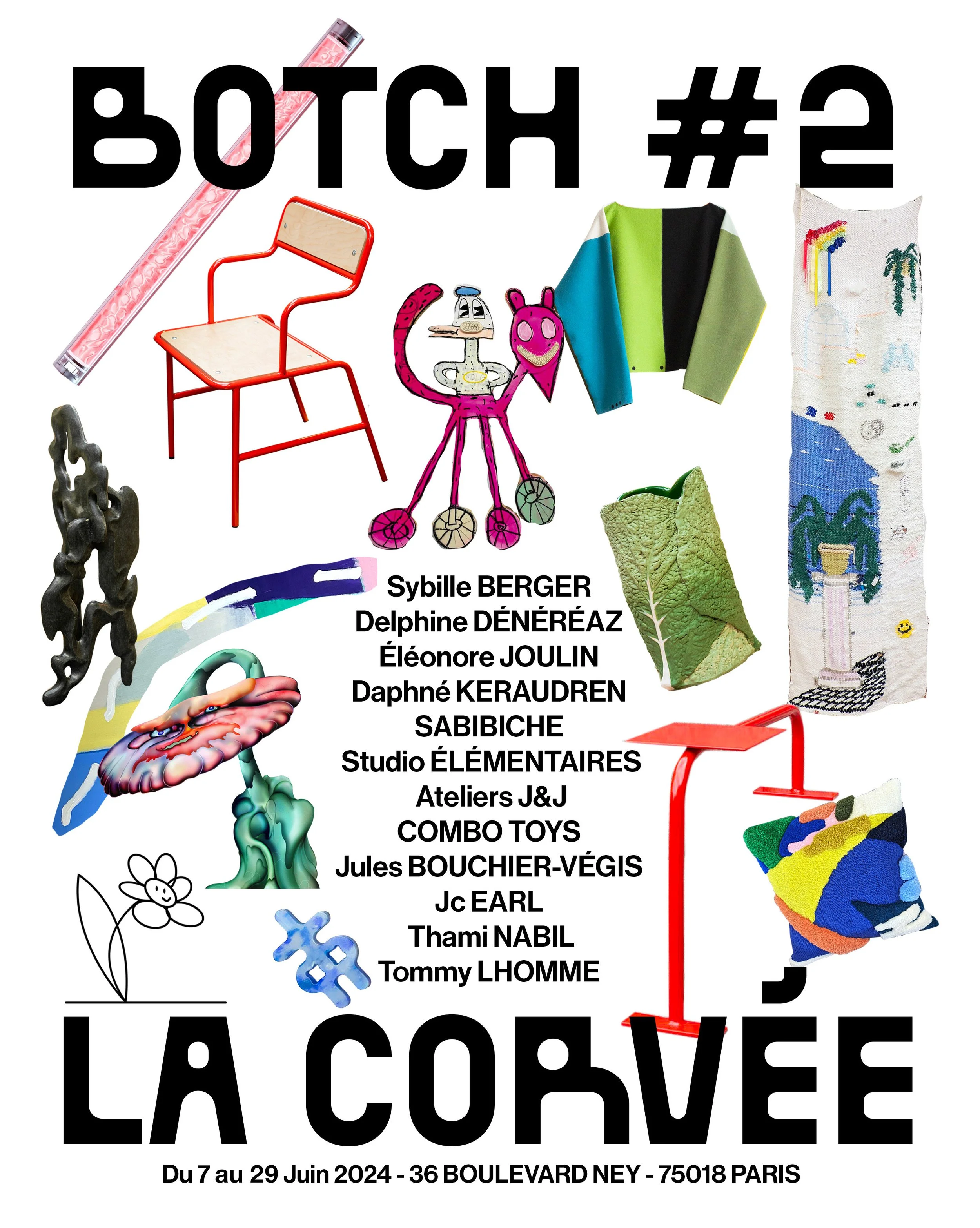 Poster for an art exhibition titled 'La Corvée' featuring multiple colorful artworks, sculptures, textiles, and illustrations, with the dates June 7 to June 29, 2024, and the location at 36 Boulevard Ney, 75018 Paris. Sabibiche, Atelier J&J