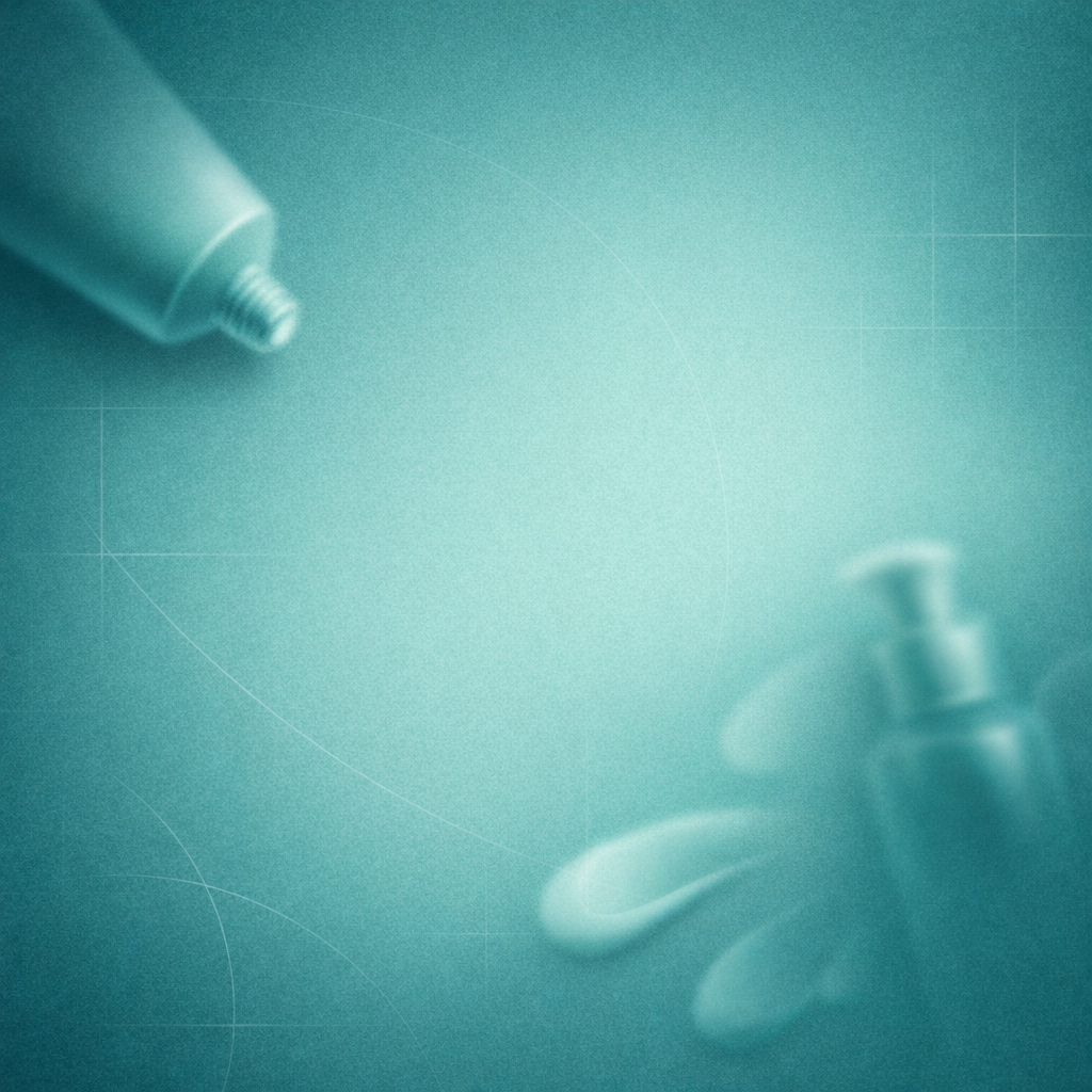 A white tube of cream on a textured teal background, with a hand in a glove squeezing out a dollop of white cream.