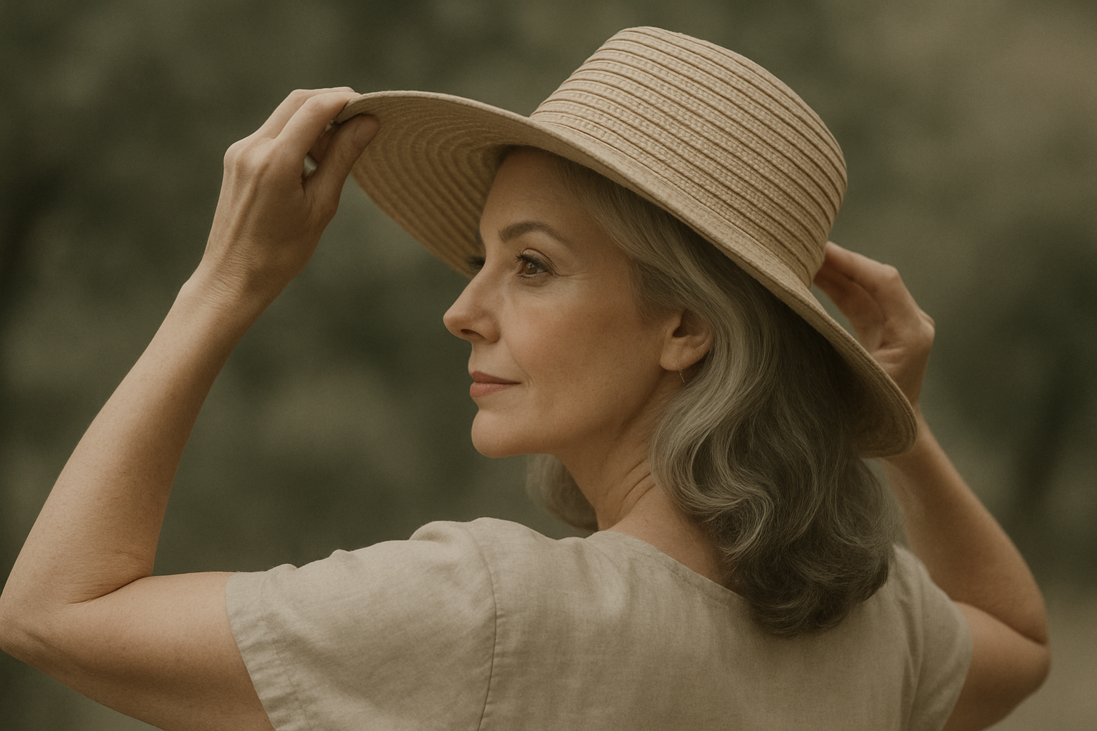 Woman wearing a straw hat in a natural setting.