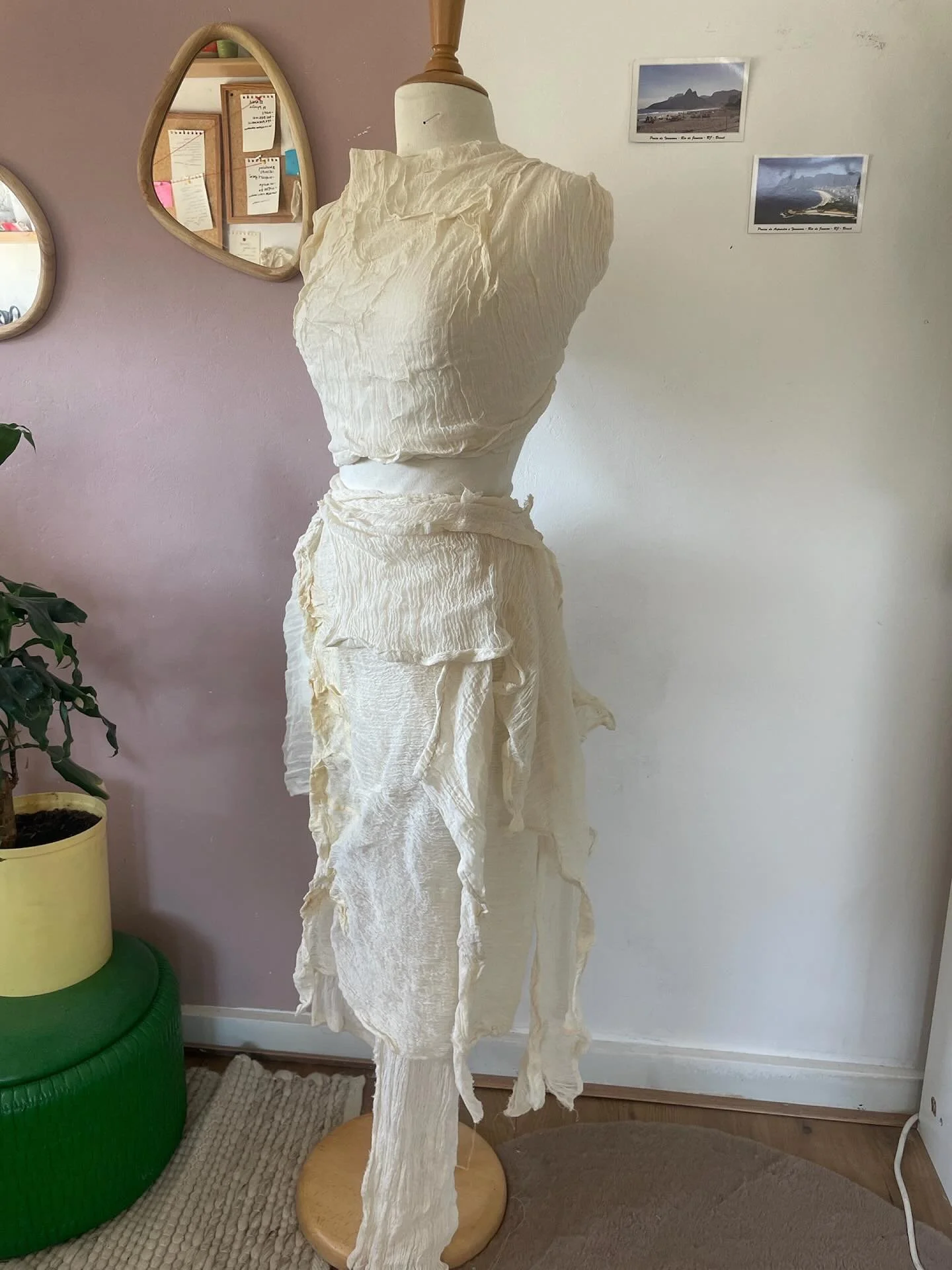 When textures collide: airy cheesecloth + latex. From sketch to set, exploring contrasts in texture.