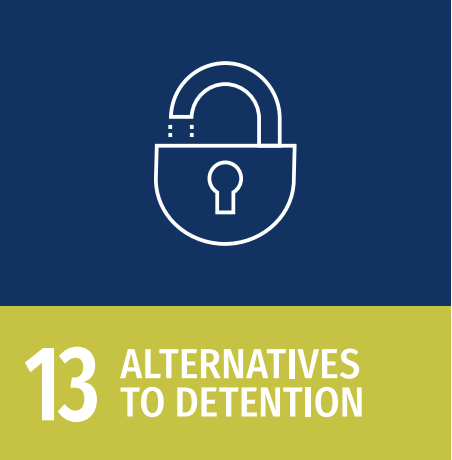 Icon of an unlocked padlock with a keyhole on a blue background, and text stating '13 Alternatives to Detention' on a yellow-green background.