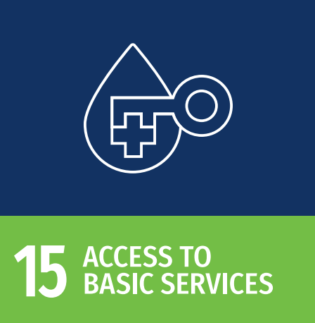 Icon of a droplet with a medical cross and a key inside it, against a dark blue background. Green banner with white text stating '15 ACCESS TO BASIC SERVICES'.
