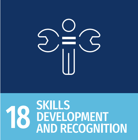 Icon of a person with wrench and screwdriver as arms, symbolizing skills and development, alongside the text '18 Skills Development and Recognition'.