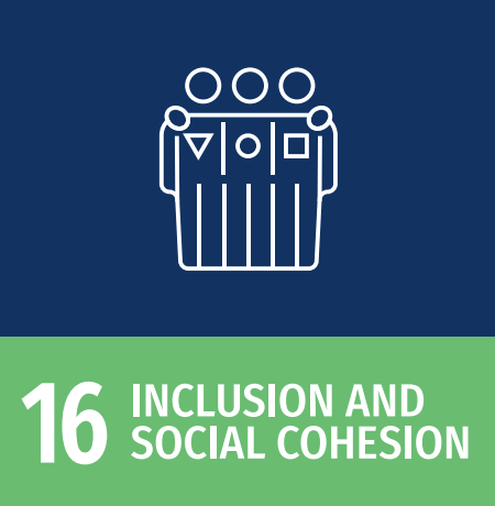 Symbolic image of people holding hands around a globe with icons representing diversity, with a green banner reading '16 INCLUSION AND SOCIAL COHESION'
