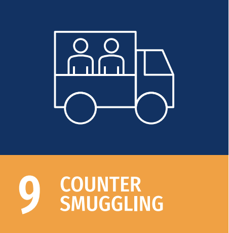 Icon of a truck with two people inside, representing counter smuggling, with the number 9 and the words 'Counter Smuggling' on an orange background.