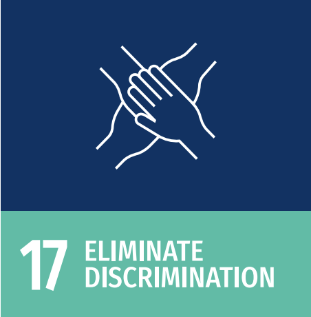 Icon of two hands shaking over a blue background with a teal banner that reads '17 Eliminate Discrimination'