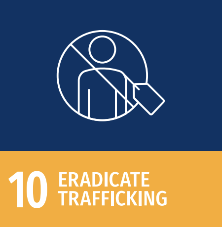 Icon of a person with a suitcase and a line crossing over it, representing anti-human trafficking effort, with the text '10 Eradicate Trafficking' at the bottom.
