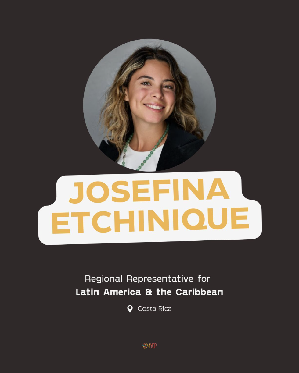 A promotional poster featuring a smiling woman with wavy blonde hair, representing Josefina Etchineque, a regional representative for Latin America and the Caribbean from Costa Rica.