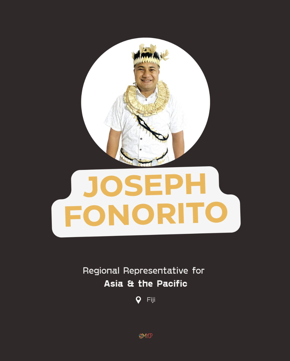 A man wearing traditional Fijian attire, including a headpiece and necklace made of natural materials, smiling in front of a white circle on a dark background. The text beneath reads "JOSEPH FONORITO" and "Regional Representative for Asia & the Pacific," with a location pin indicating Fiji.