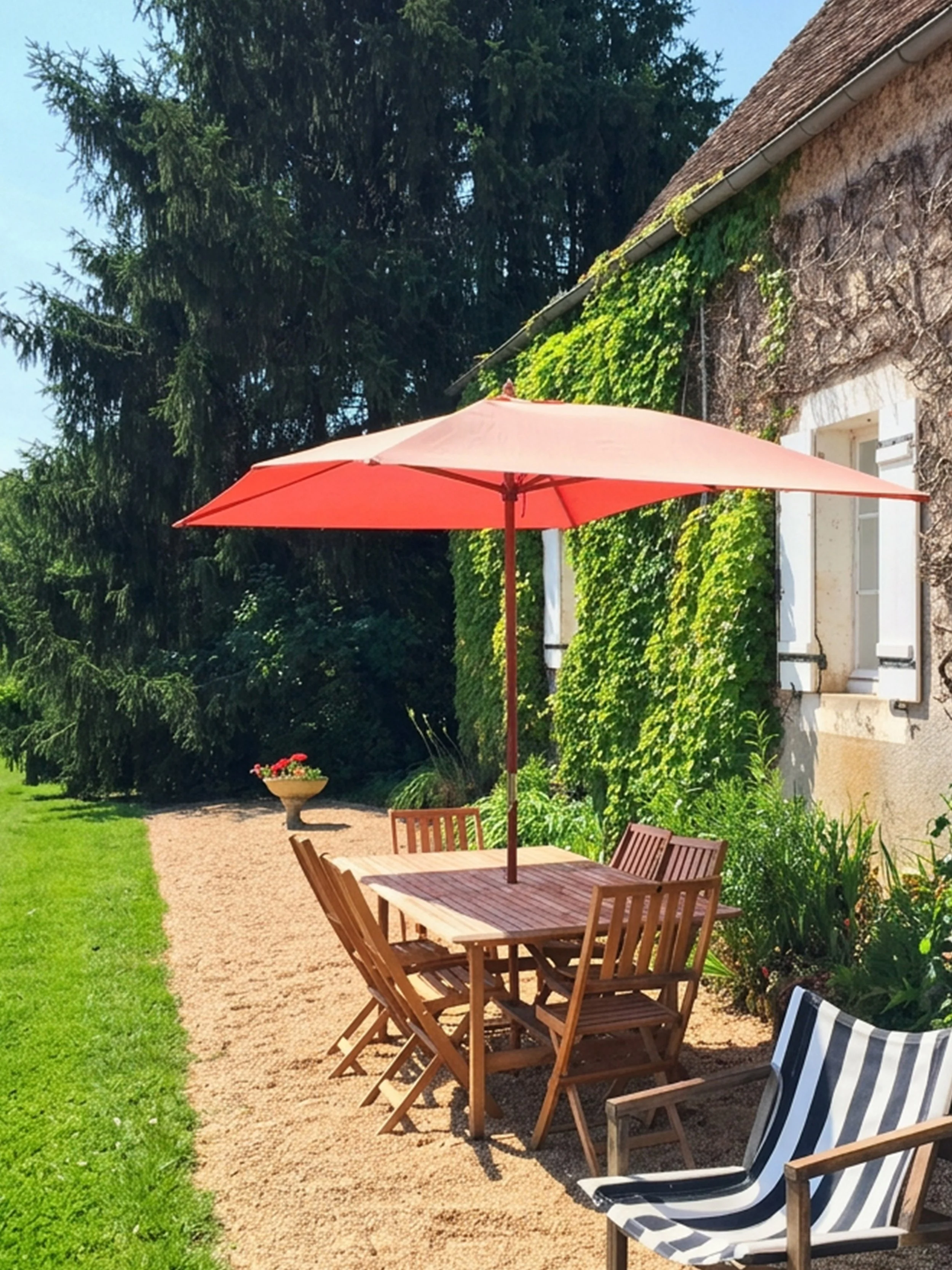Wooden table and chairs outside in garden at Domaine de Tabary with red umbrella up for shade