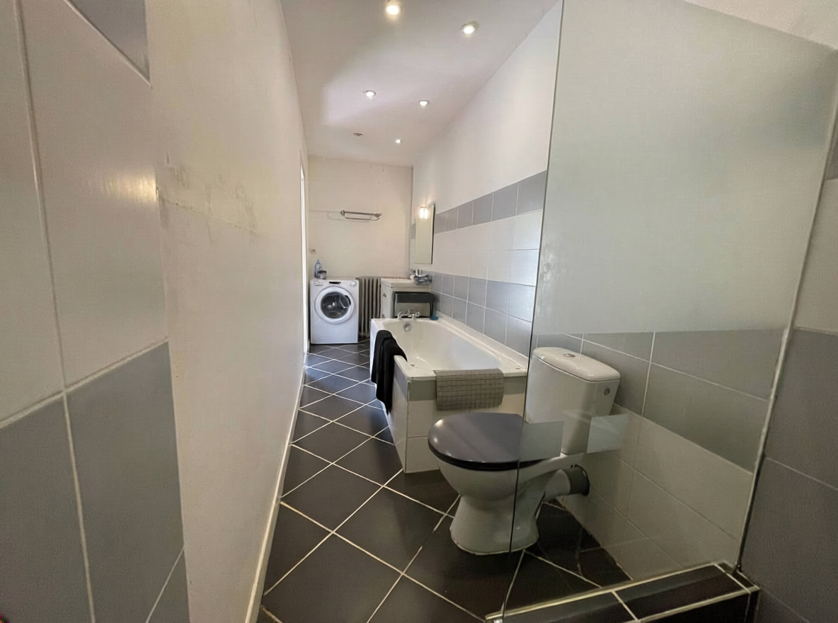 Bathroom with shower and washing machine in Tabary Farmhouse