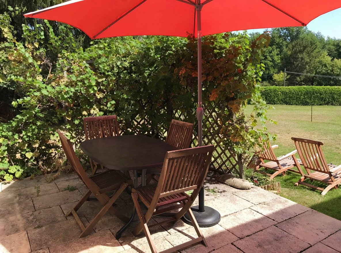 Outside terrace at Tabary Dovecote holiday cottage