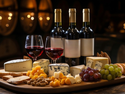 Cheese, grapes, crackers, nuts, and wine bottles with glasses on a wooden board