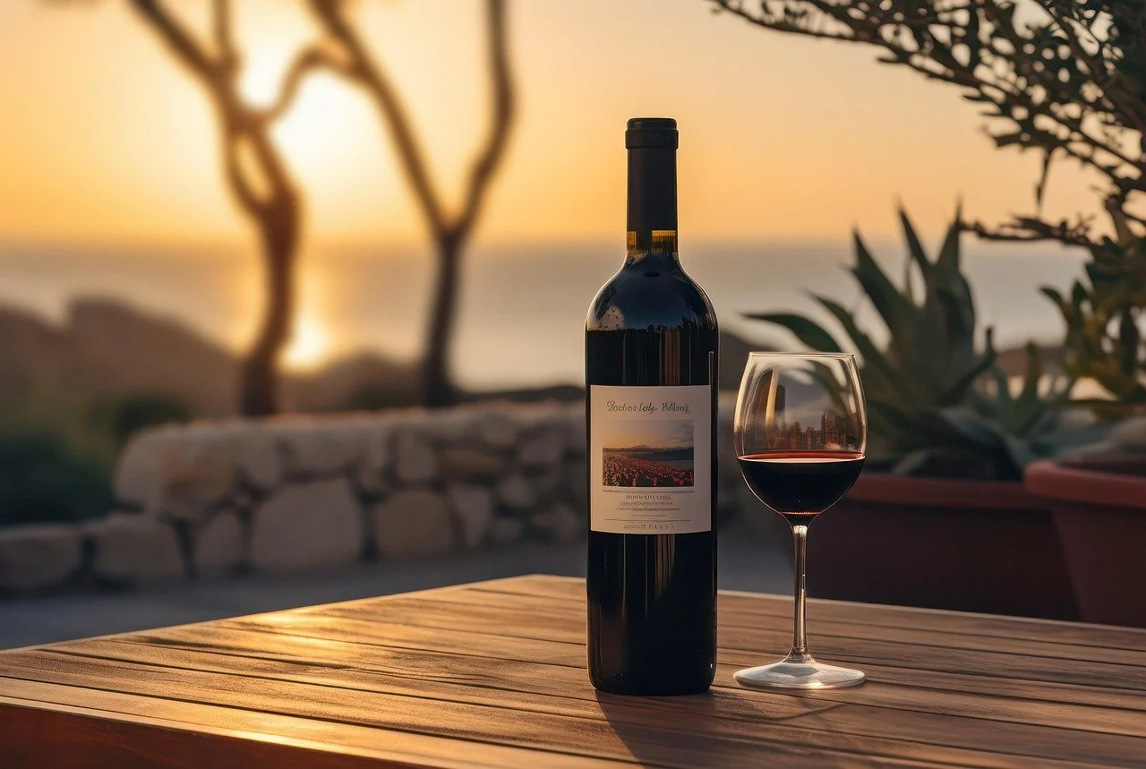 A bottle of red wine and a glass of wine on a wooden table, with a sunset, trees, and plants in the background.