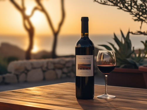 Bottle of red wine and a filled wine glass on a wooden table outdoors at sunset with trees and plants in the background.