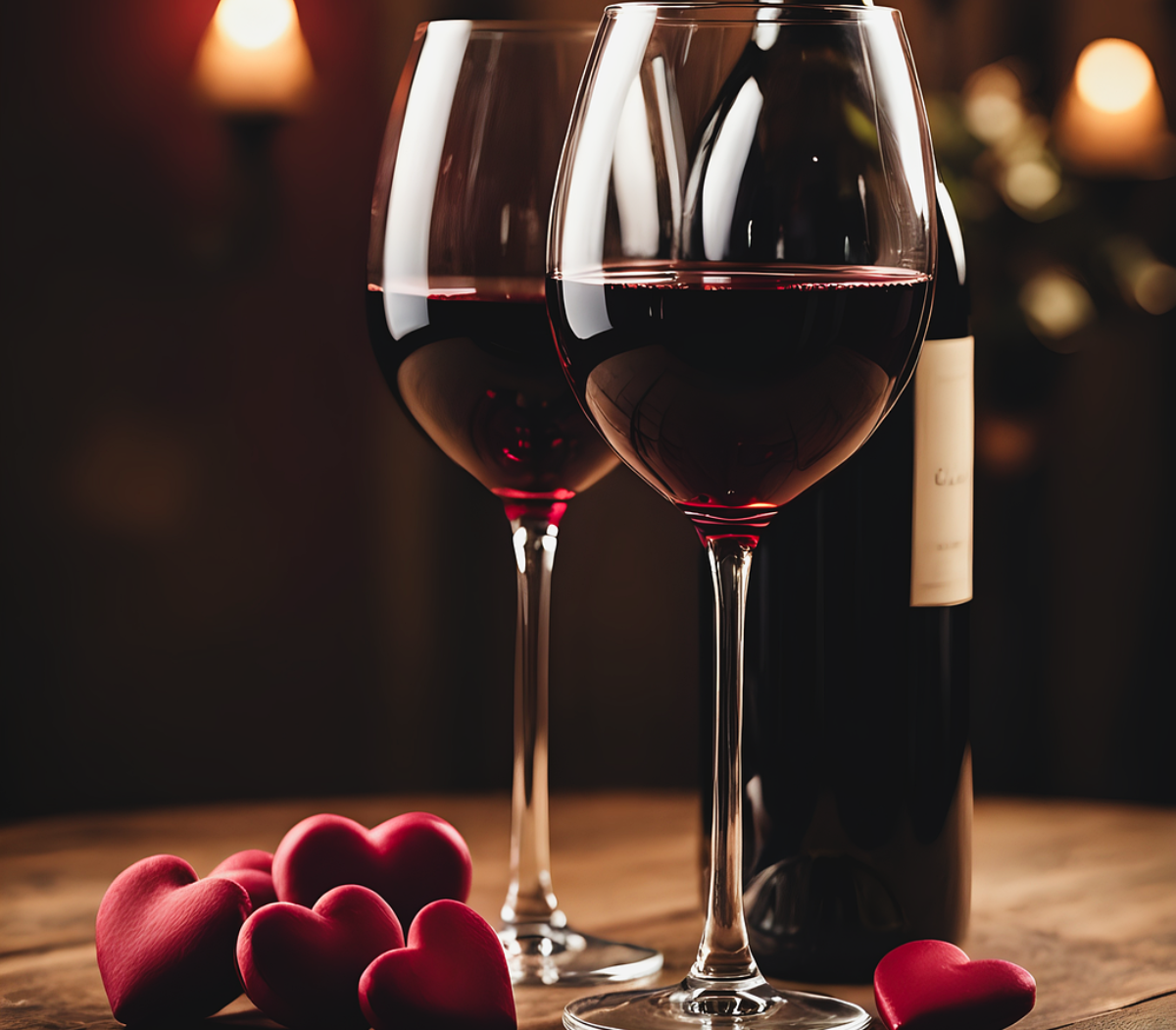 Two glasses of red wine and a bottle of wine on a wooden surface with red heart-shaped decorations, blurred warm lighting in the background.