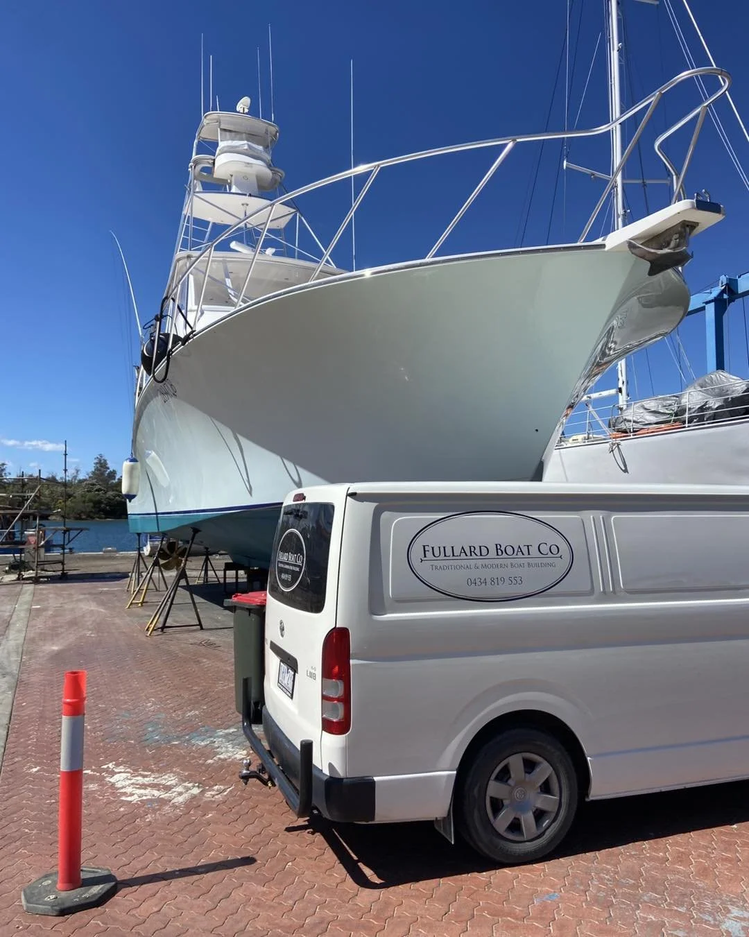 Large yacht hauled out for a bow thruster installation, repair and maintenance work by Fullard Boat Co in East Gippsland