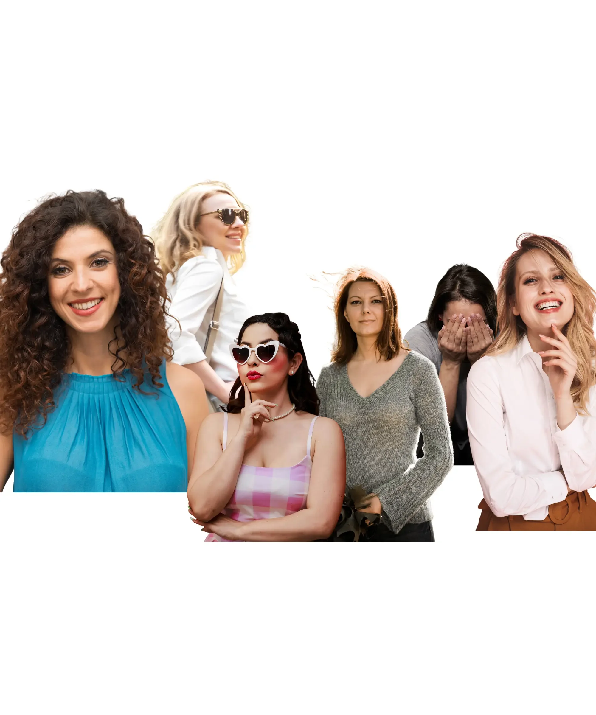 Collage of diverse women showing different moods and life stages, representing emotional and physical changes during perimenopause.