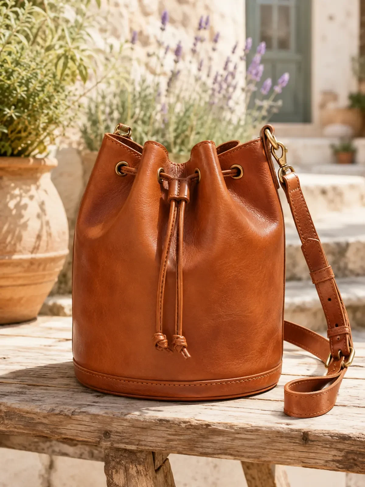Cognac leather bucket bag with a drawstring closure in a sunlit Mediterranean garden.