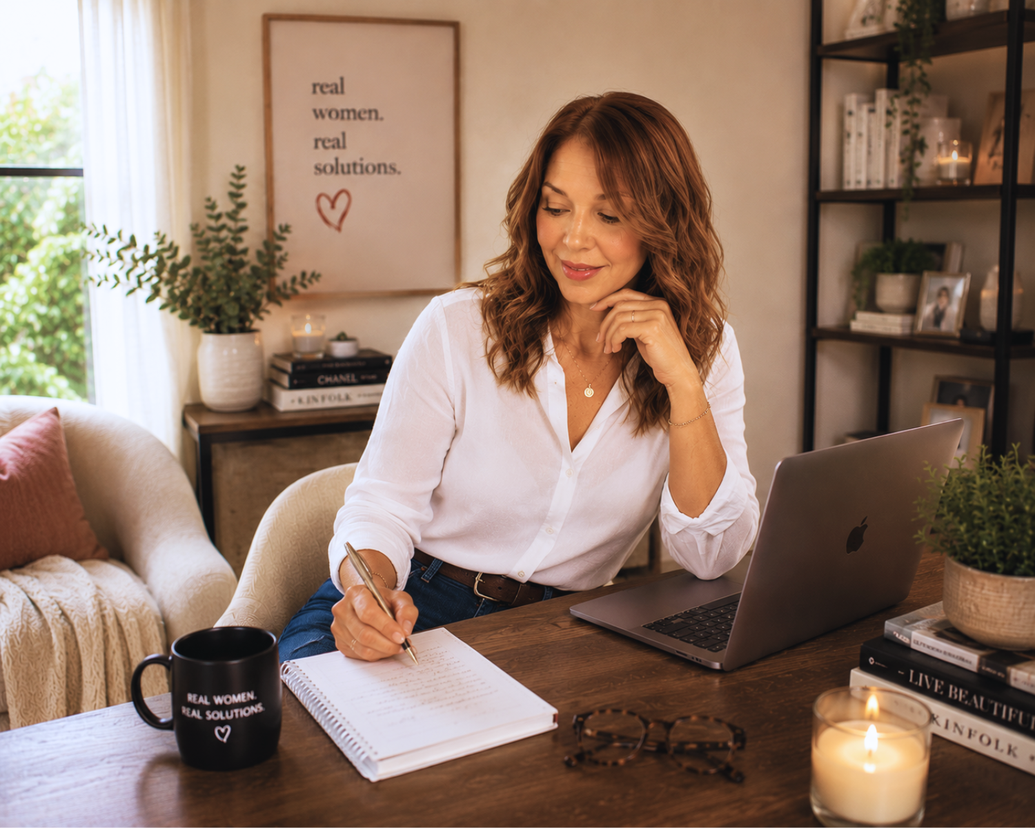 Woman writing in a notebook at a cozy home office desk, wearing a white blouse and surrounded by a laptop, books, candles, and plants in a warm, modern workspace.