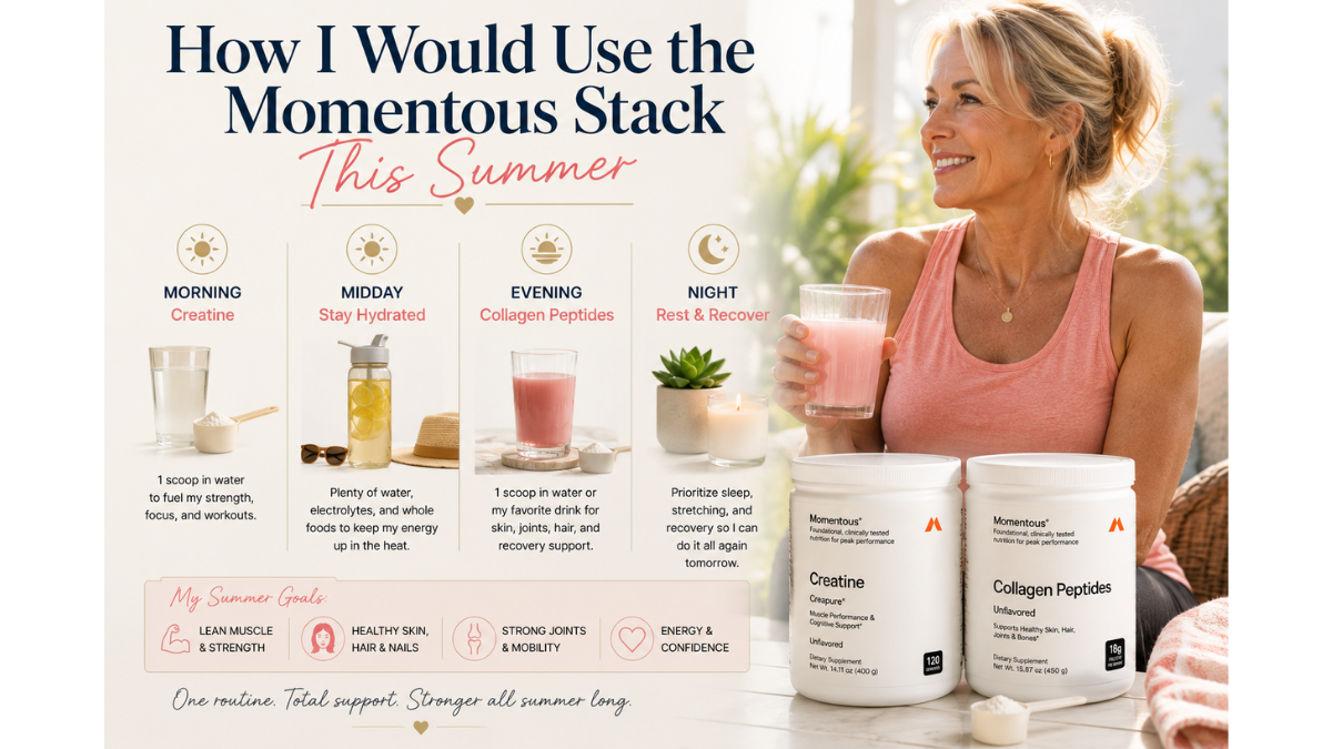 Woman over 50 enjoying a summer wellness routine with Momentous Creatine and Collagen Peptides, illustrating daily habits for strength, recovery, hydration, and healthy aging.