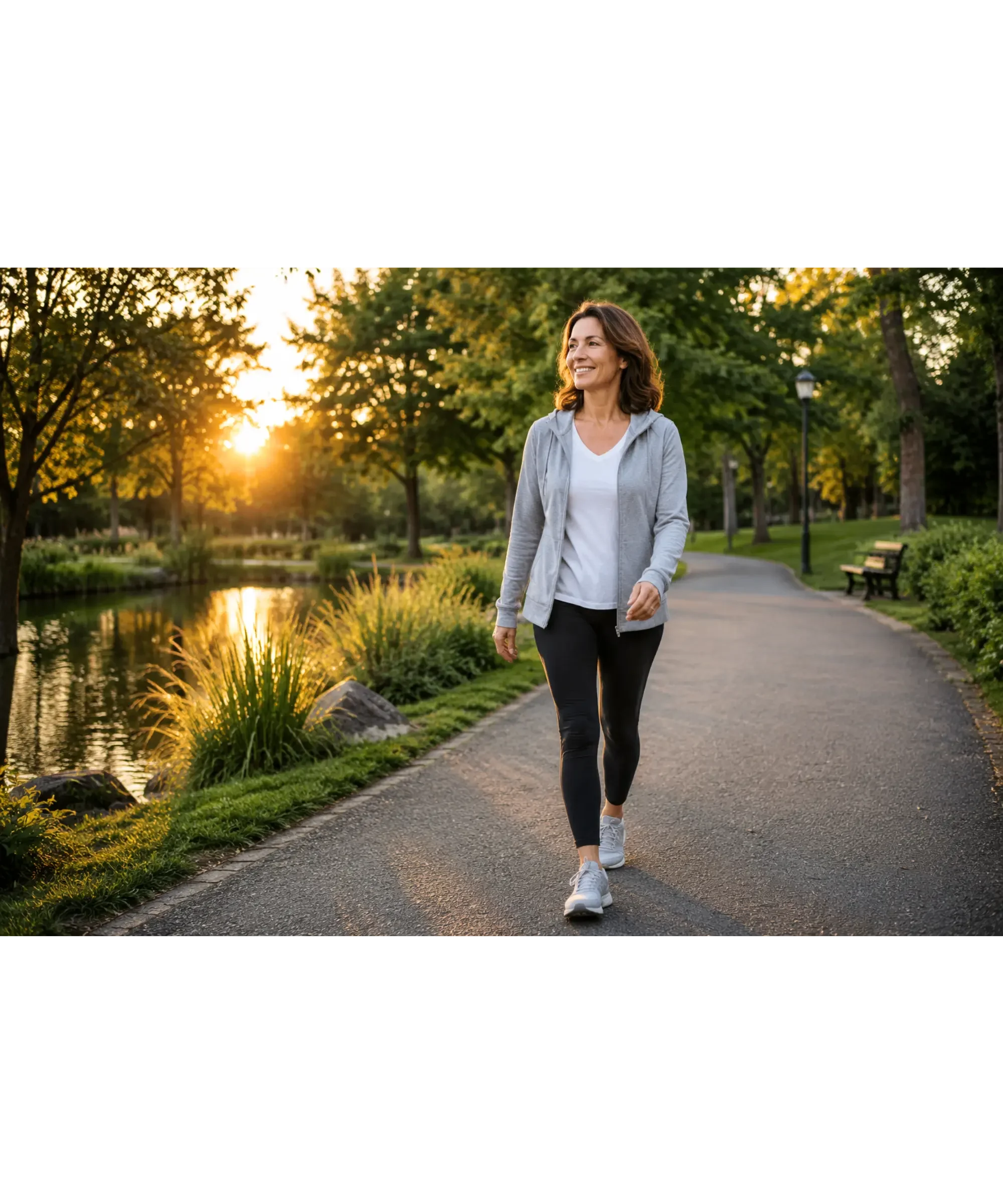 A woman in her 50s enjoys a gentle evening walk along a tree-lined park path at sunset, surrounded by lush greenery and a peaceful pond, illustrating the relaxing benefits of walking after dinner for better sleep and overall wellness.