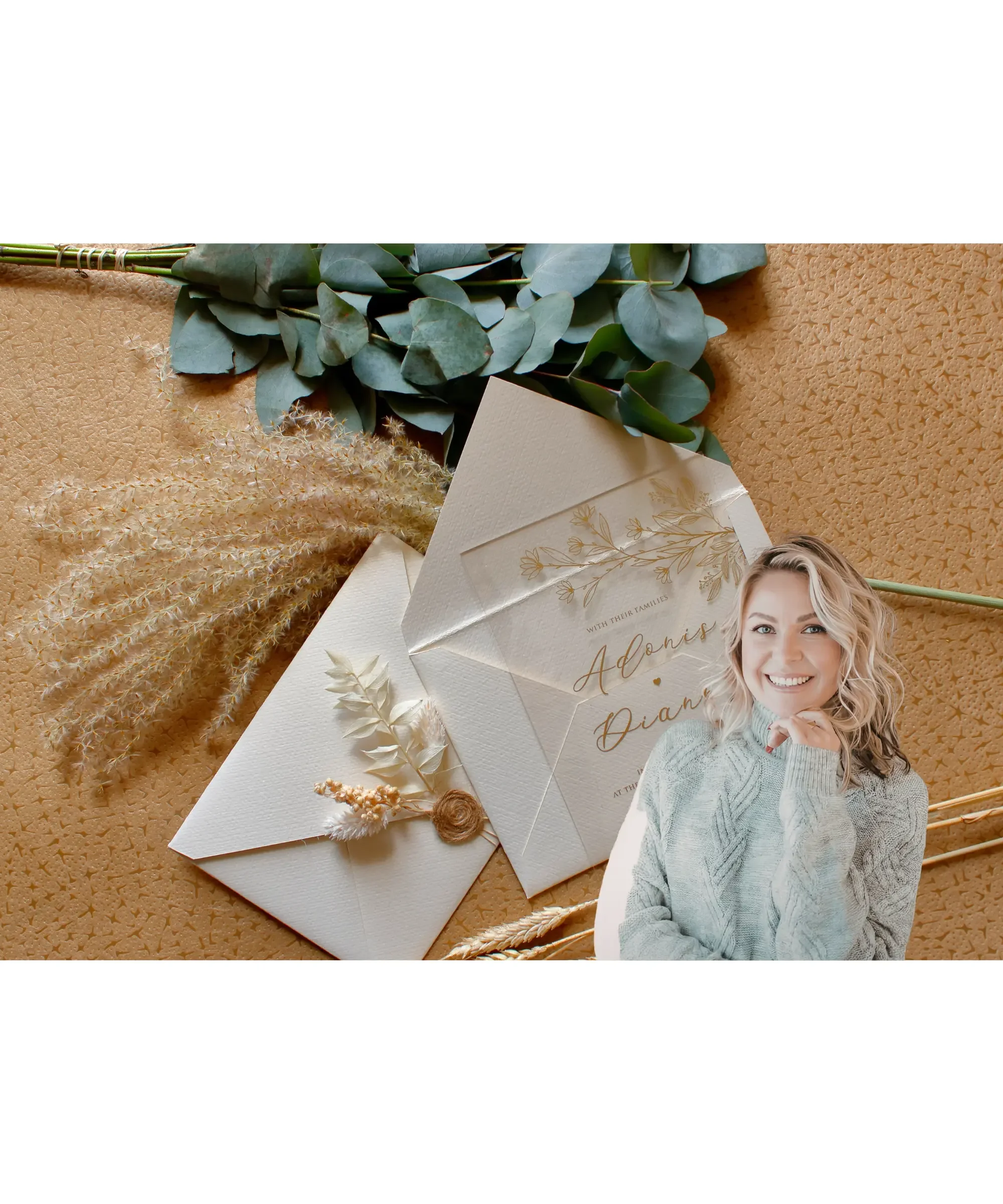 Neutral wedding invitation suite with envelopes, dried flowers and eucalyptus on textured background, elegant personalized stationery flat lay with woman smiling in corner