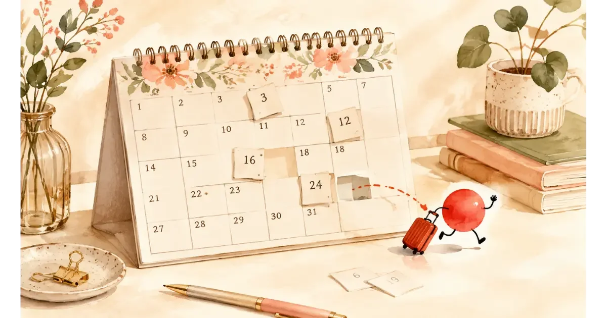 Playful watercolor illustration of a calendar with rearranged dates and a red circle running away with a suitcase.