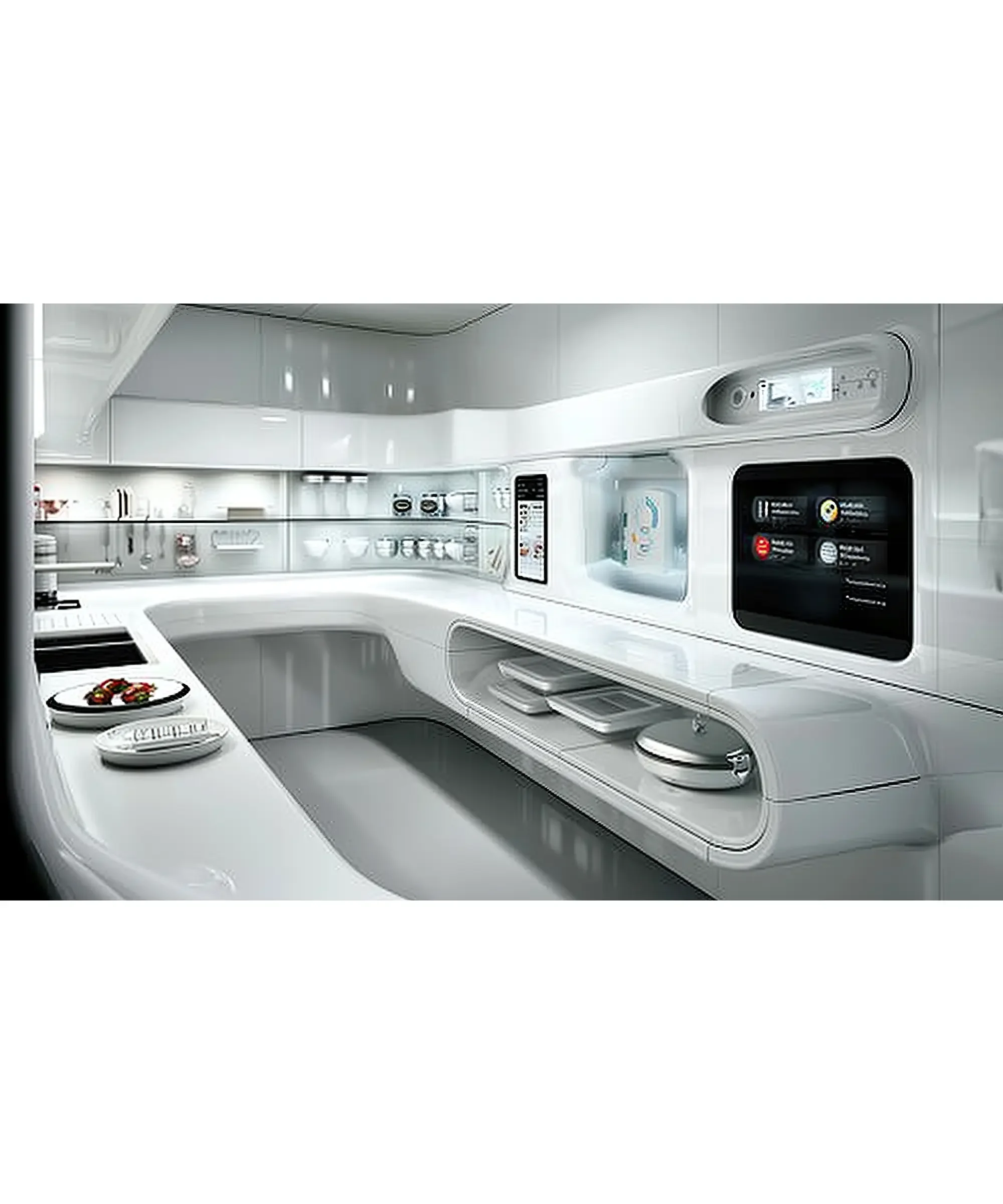 Futuristic smart kitchen with sleek white countertops, built-in digital screens, and connected cooking appliances, representing modern smart home cooking technology and AI-powered kitchen design.