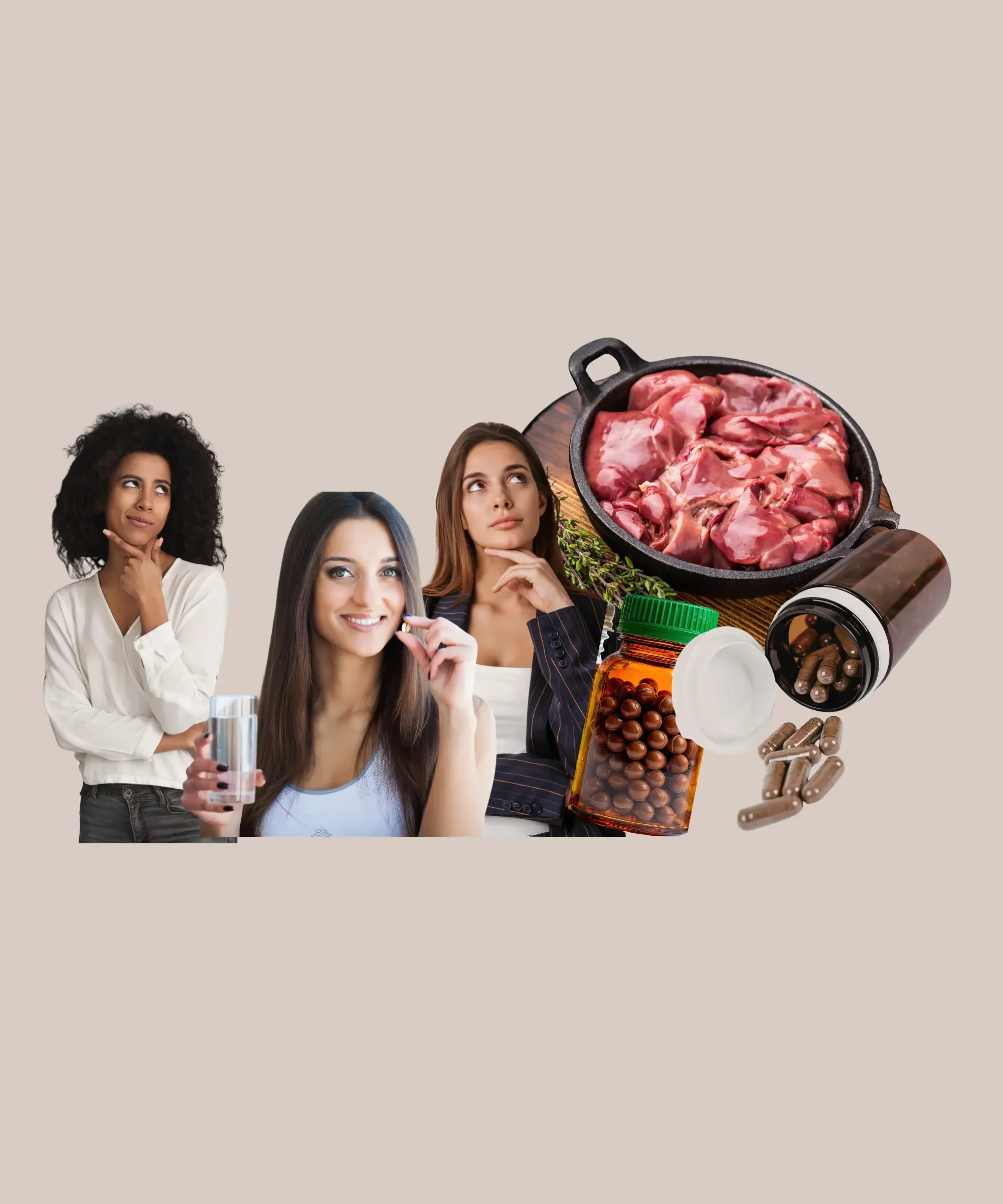 Collage showing women choosing supplements next to raw beef organs and capsules, illustrating beef organ supplements and their use for nutrition, energy, and wellness support.