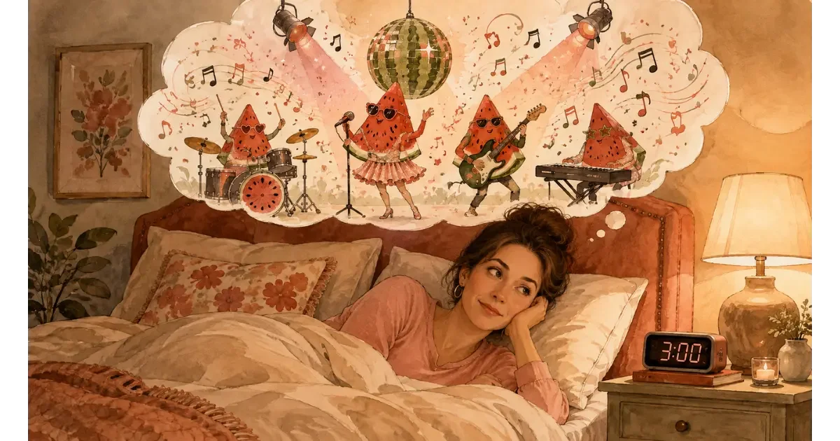 Watercolor illustration of a woman in her early 40s lying awake at 3 a.m. while a playful watermelon band performs in her imagination.