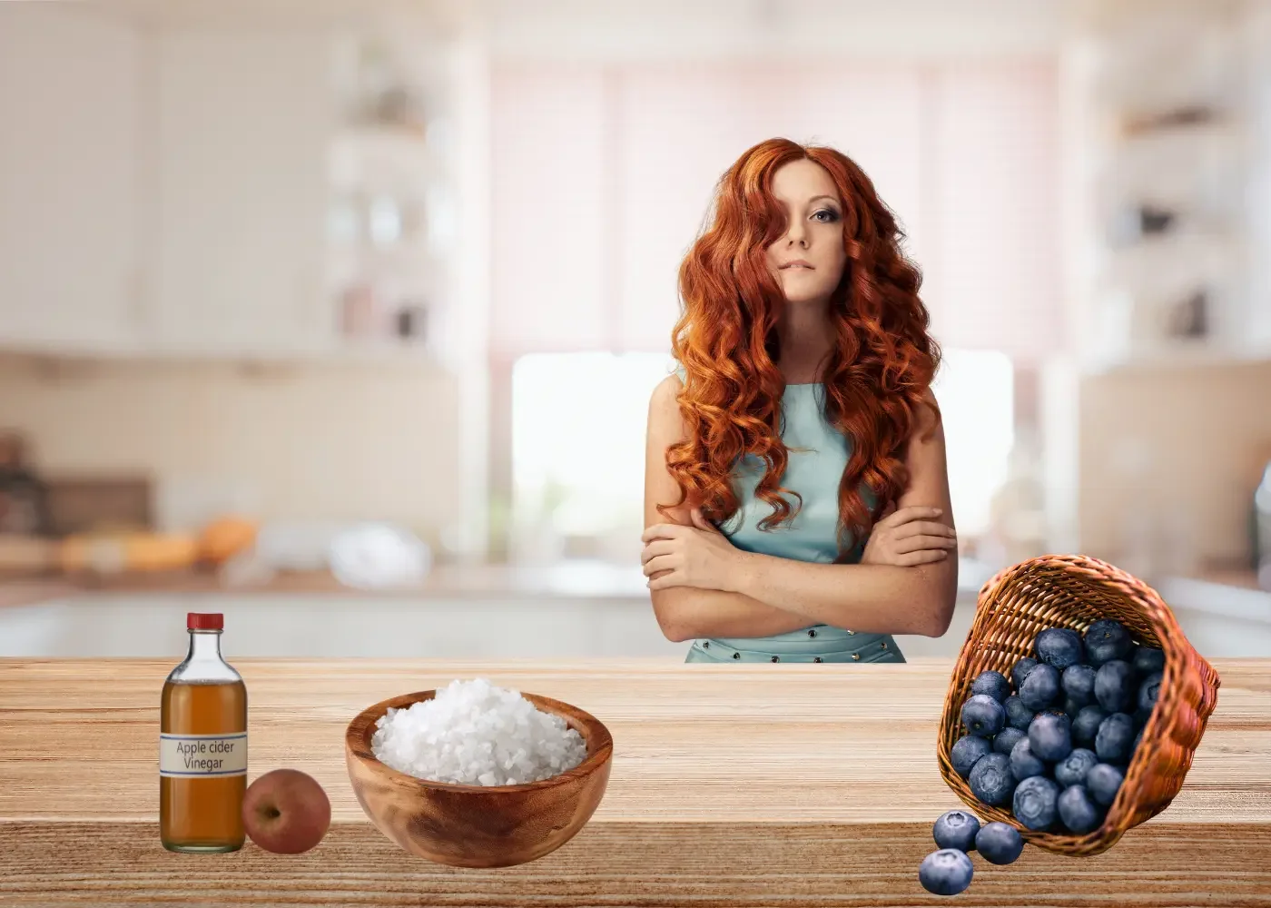 woman behind kitchen counter with diabetic friendly ingredients over the counter blueberries, sea salt and apple cider vinegar