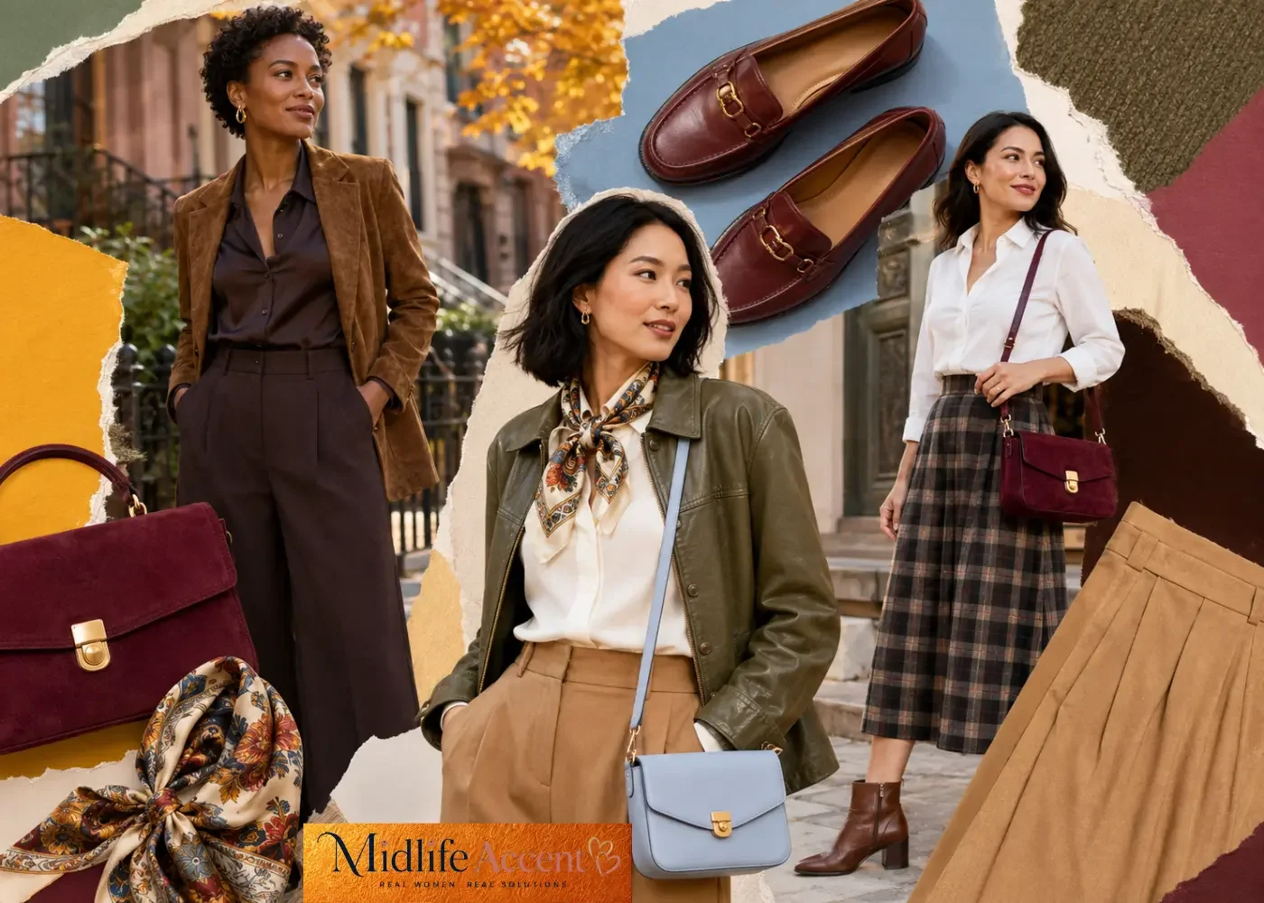 Three stylish women wearing elevated fall capsule outfits with camel trousers, a plaid midi skirt, suede and leather jackets, colorful scarves, burgundy loafers, and structured handbags.