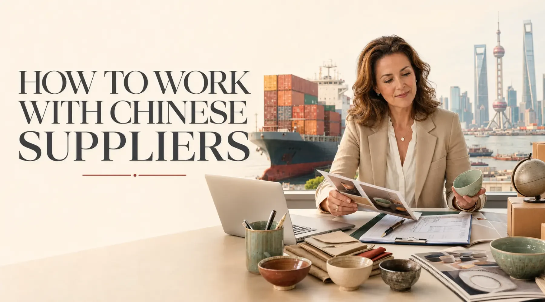 Woman reviewing product samples with a cargo ship and Shanghai skyline behind her.