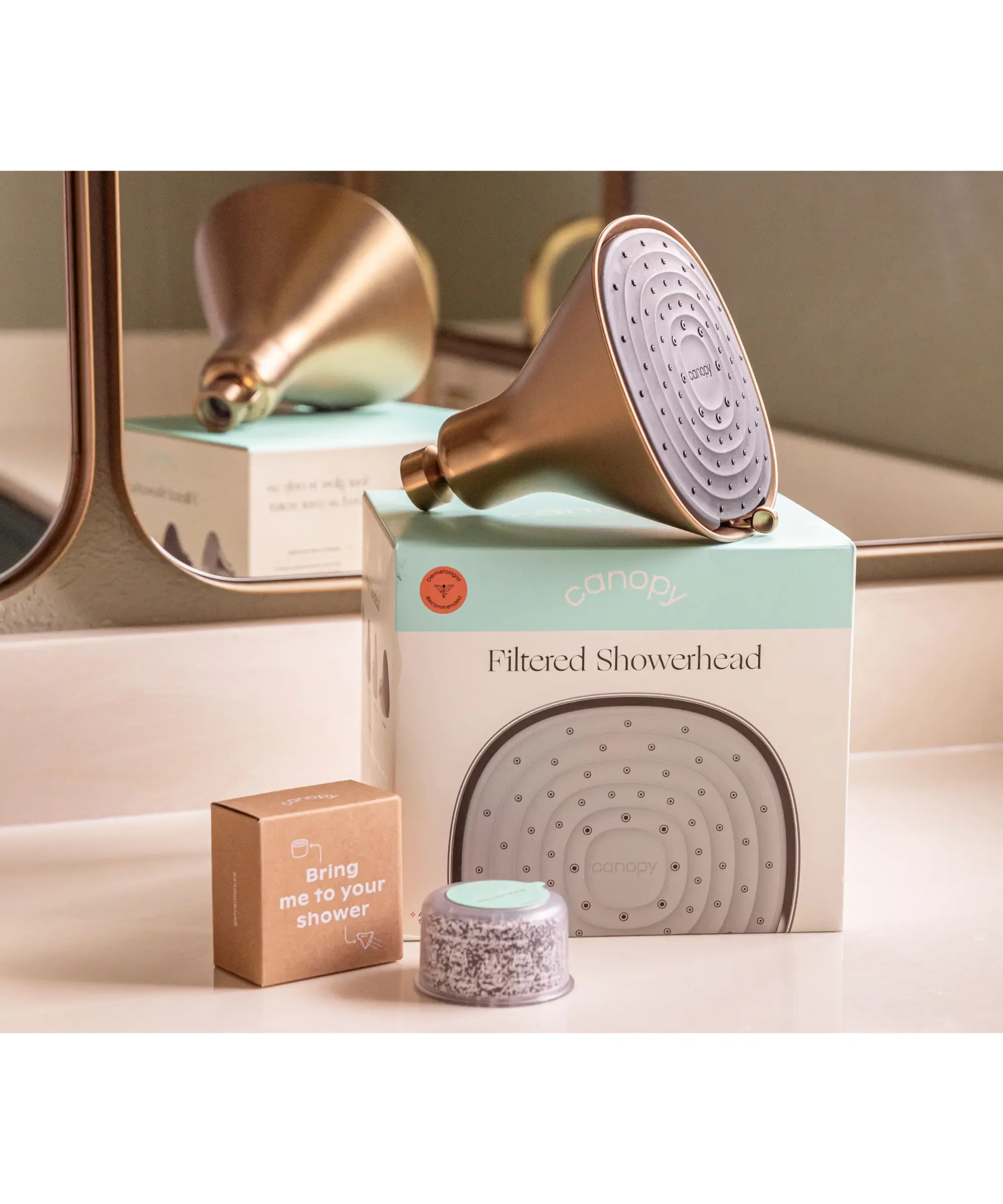 Canopy filtered showerhead in brushed gold finish displayed on product box with replacement filter cartridge