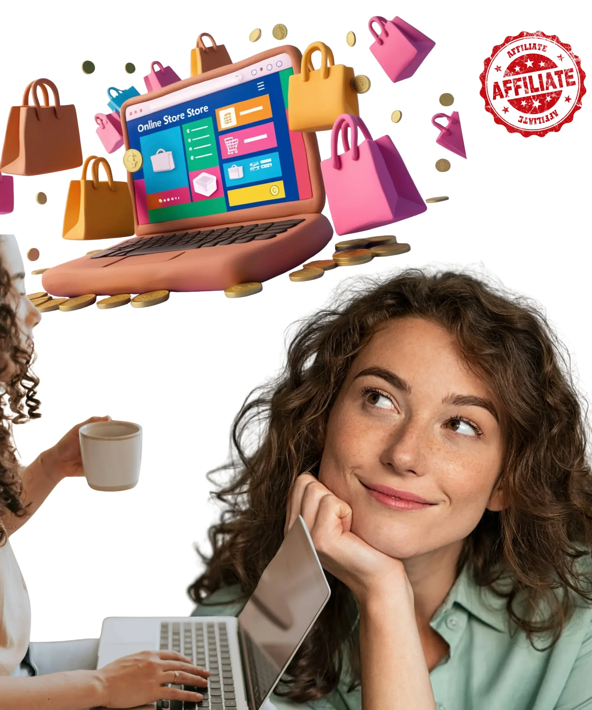 Woman working on a laptop looking thoughtful, with an illustration of an online store, shopping bags, coins, and an affiliate marketing stamp above.