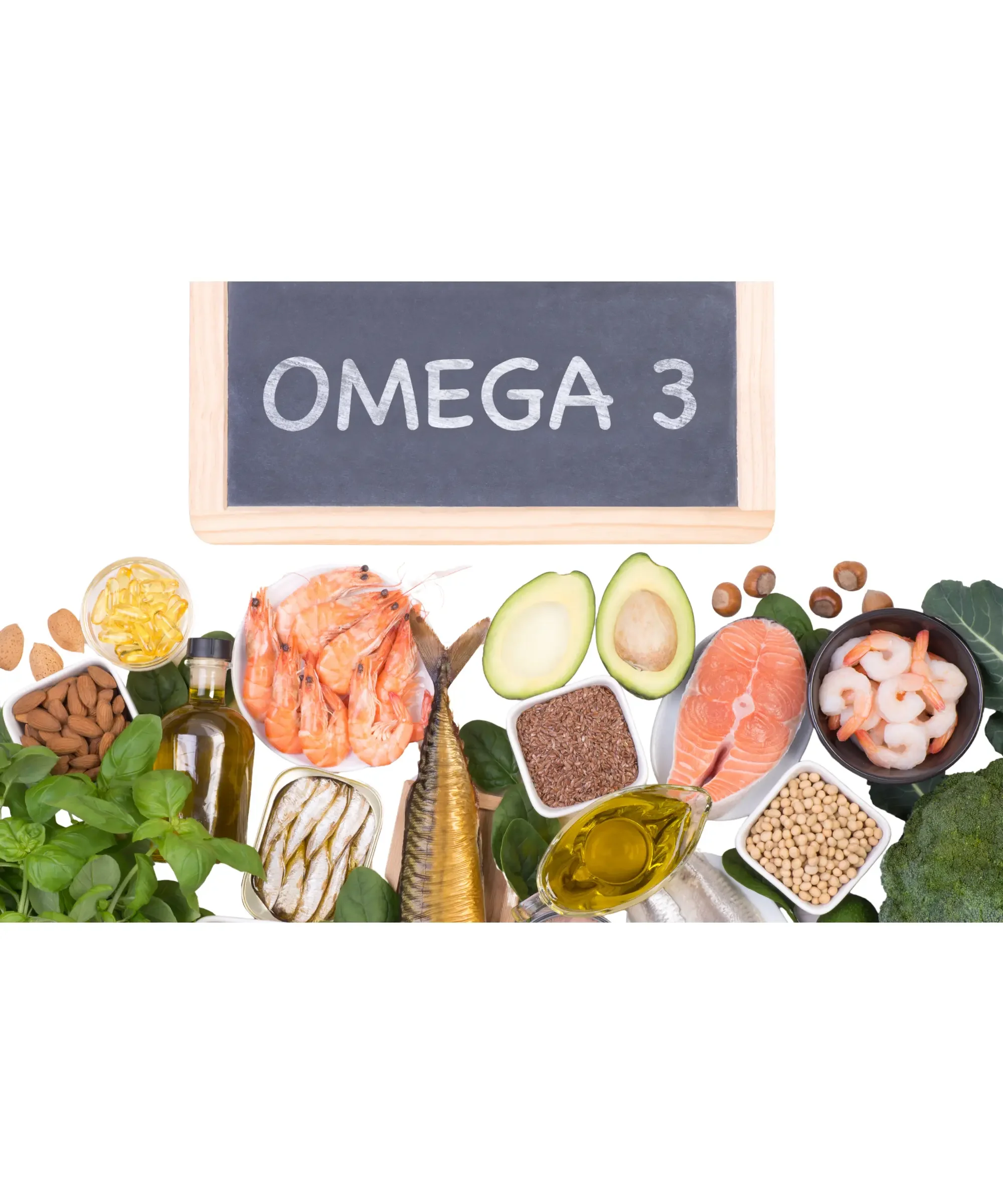 Omega 3 rich foods including salmon, shrimp, avocado, nuts, seeds and olive oil with chalkboard sign, healthy fats and heart health nutrition concept