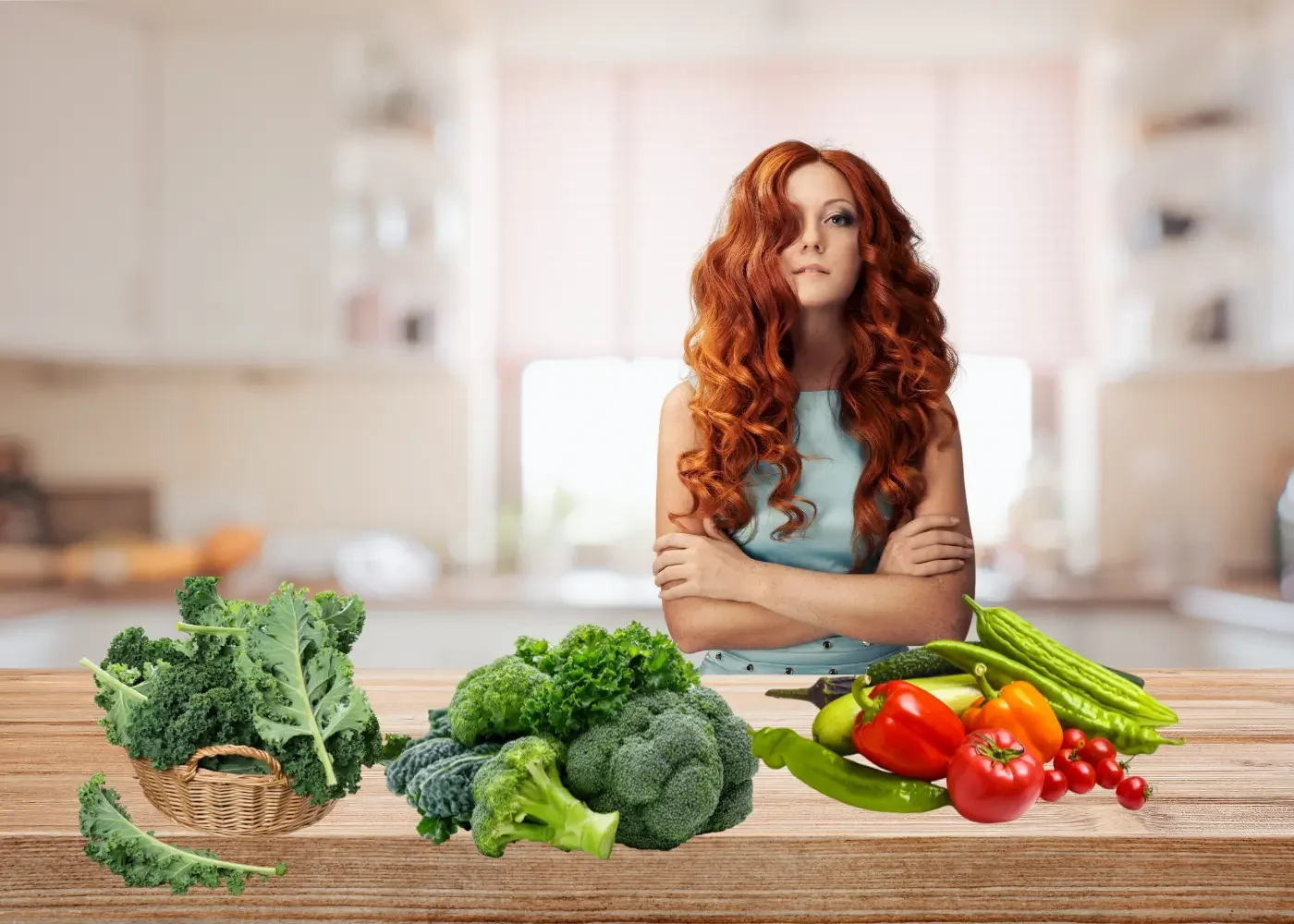 woman behind a counter kitchen with green vegetables over the counter