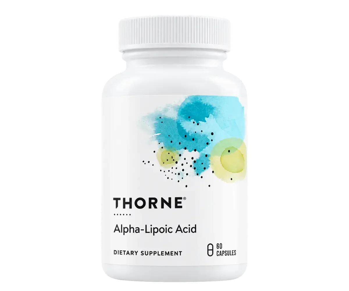 Thorne Alpha-Lipoic Acid dietary supplement bottle containing 60 capsules.