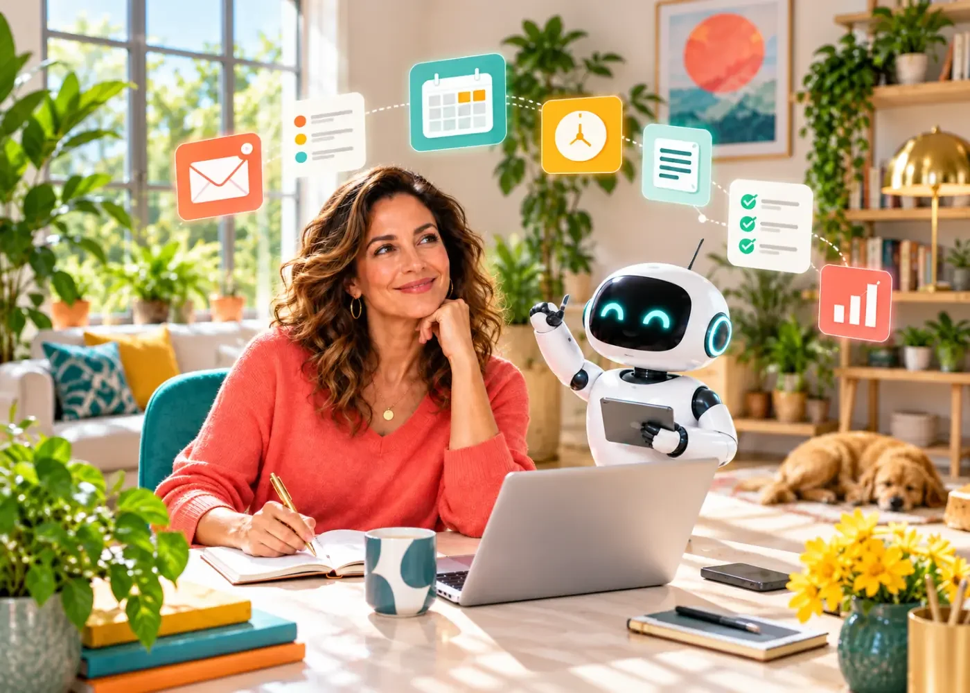 Woman working alongside a friendly robot assistant with colorful icons representing automated emails, scheduling, checklists, notes, and productivity tasks.