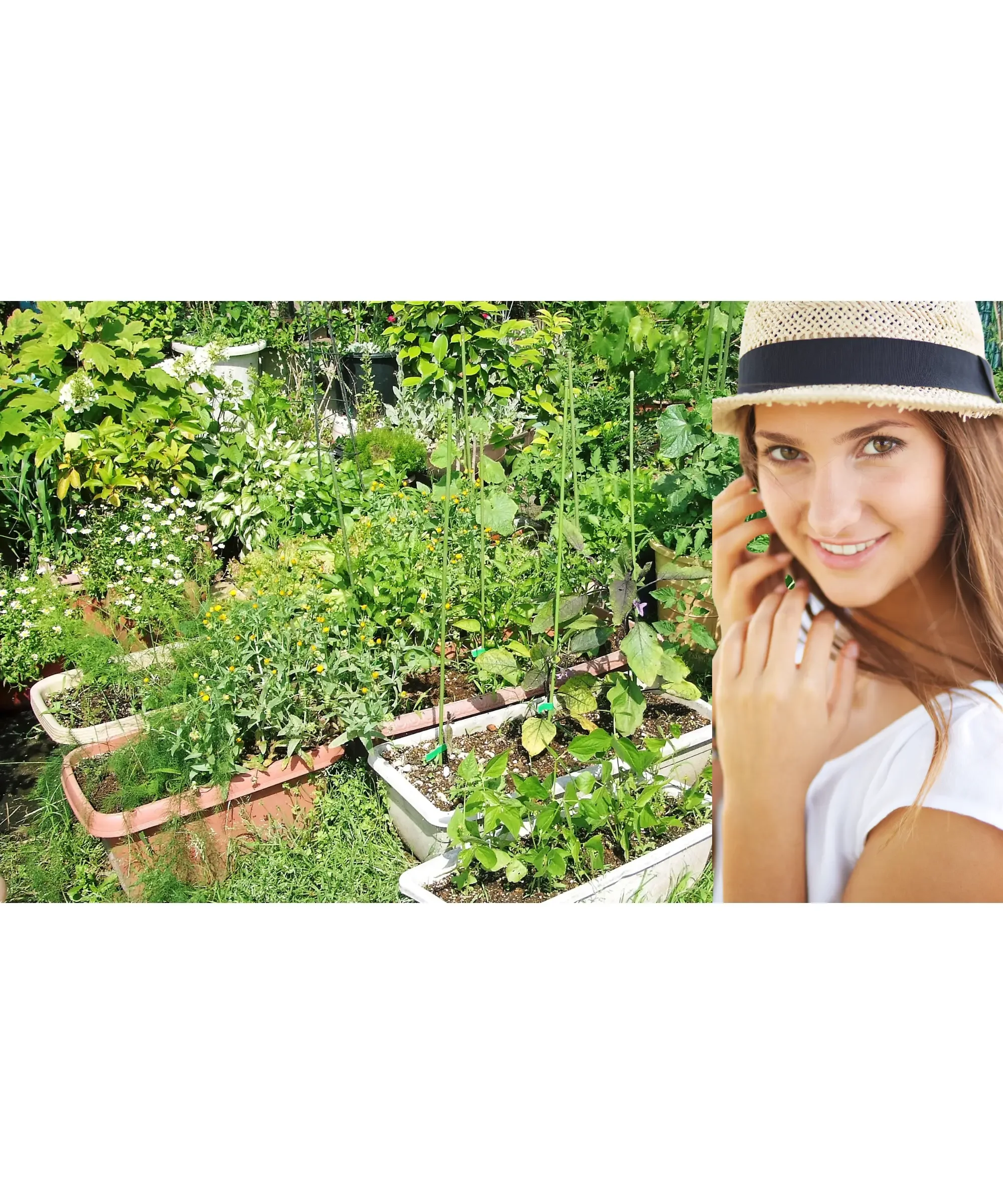 Woman smiling in a sun hat beside a lush backyard vegetable garden with raised beds full of leafy greens and growing plants—home gardening, self-sufficiency, and organic food lifestyle