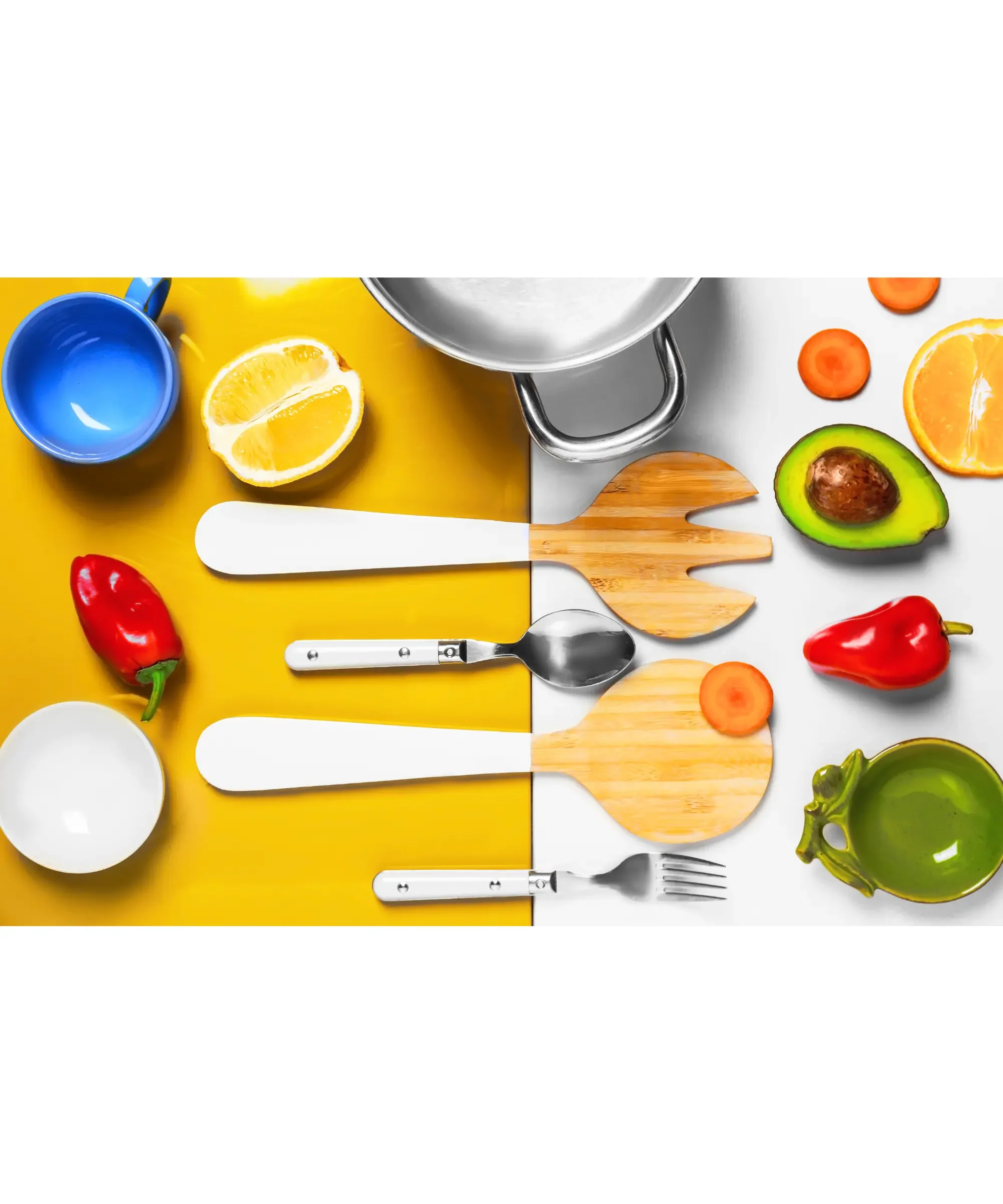 Kitchen tools and fresh ingredients arranged on a colorful background, representing simple, blood sugar–friendly home cooking
