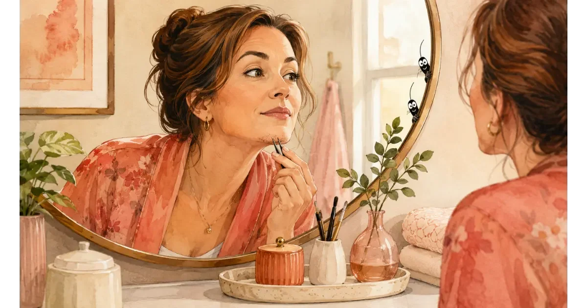 Watercolor illustration of a woman in her early 40s using tweezers on chin hair while two playful hairs peek from behind her bathroom mirror.