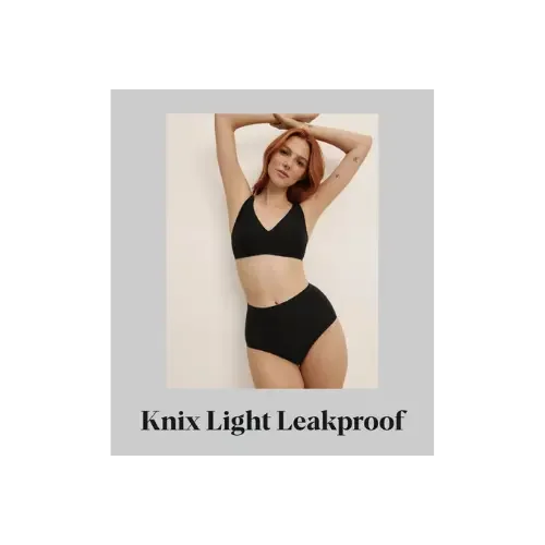 Model wearing a black bra and high-waisted black underwear, with the caption “Knix Light Leakproof.”